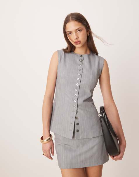 Glamorous button down top in gray pinstripe - view 1