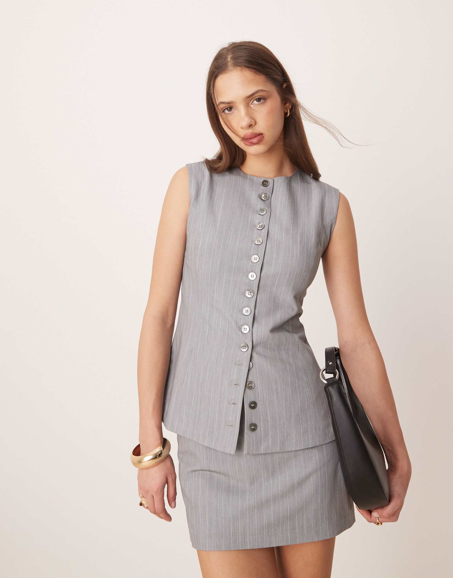 glamorous button down top in gray pinstripe
