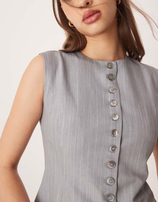 Glamorous button down top in gray pinstripe, 3 of 4