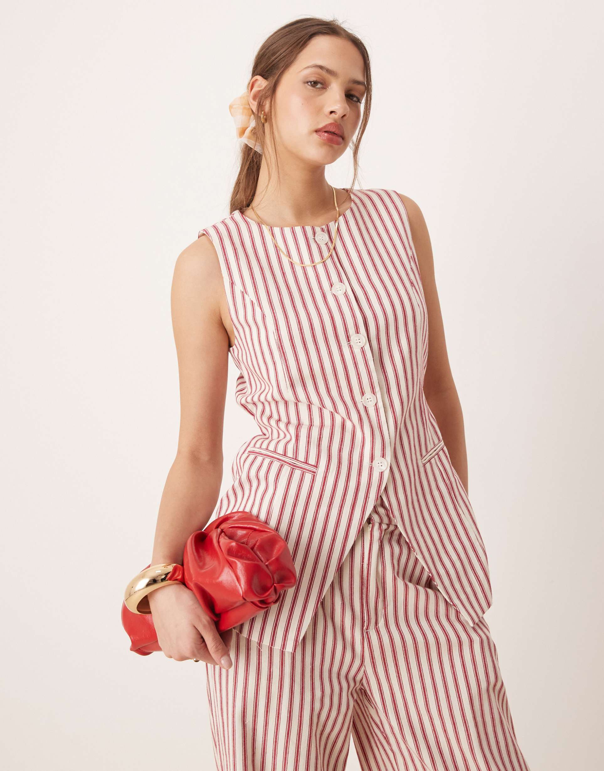 glamorous button down vest cotton top with tie in red stripe - part of a set