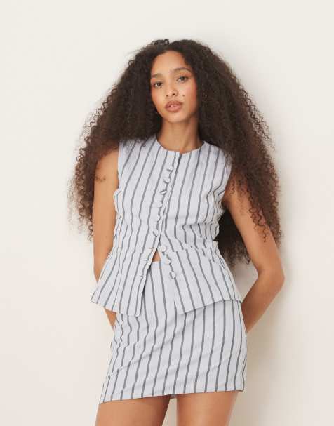 Glamorous button down vest in white charcoal stripe co-ord - view 1