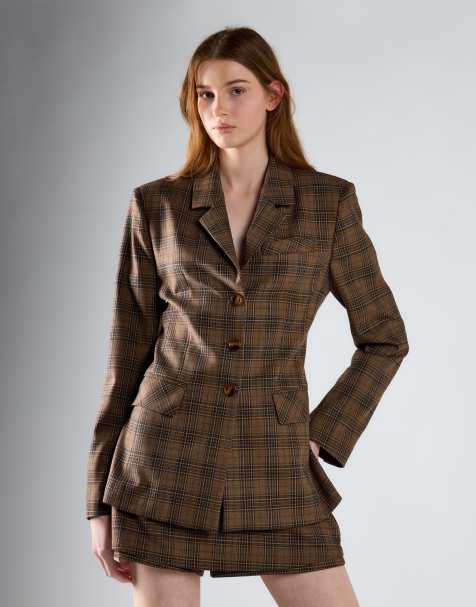 Glamorous Button front blazer in brown multi check - view 1