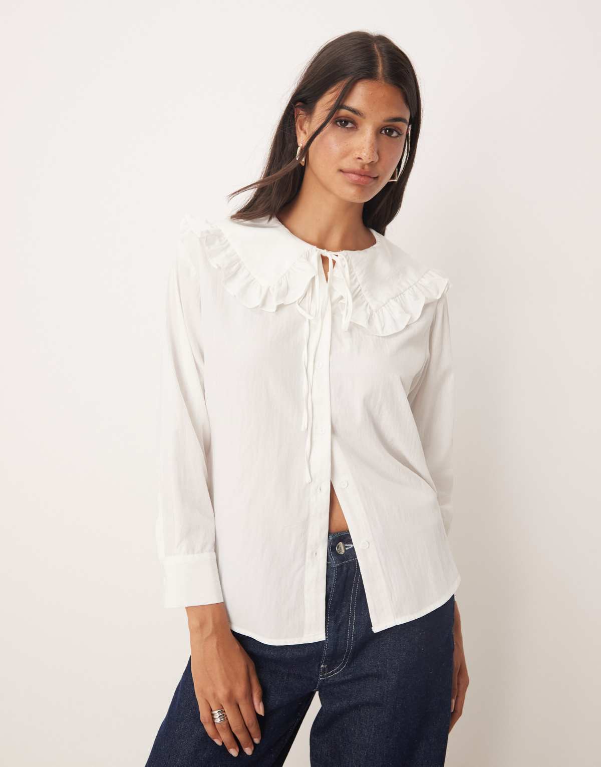 Glamorous Button Front Blouse With Frilled Large Collar in white