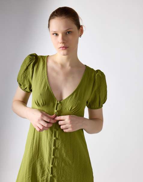Glamorous Button front deep v-neck midi dress in green olive - view 1
