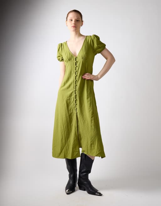Glamorous Button front deep v-neck midi dress in green olive, 2 of 4