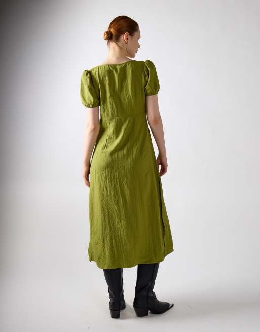 Glamorous Button front deep v-neck midi dress in green olive, 3 of 4