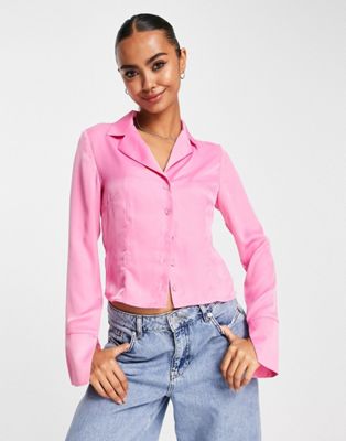 Glamorous button front fitted 90s shirt in pink satin - ASOS Price Checker