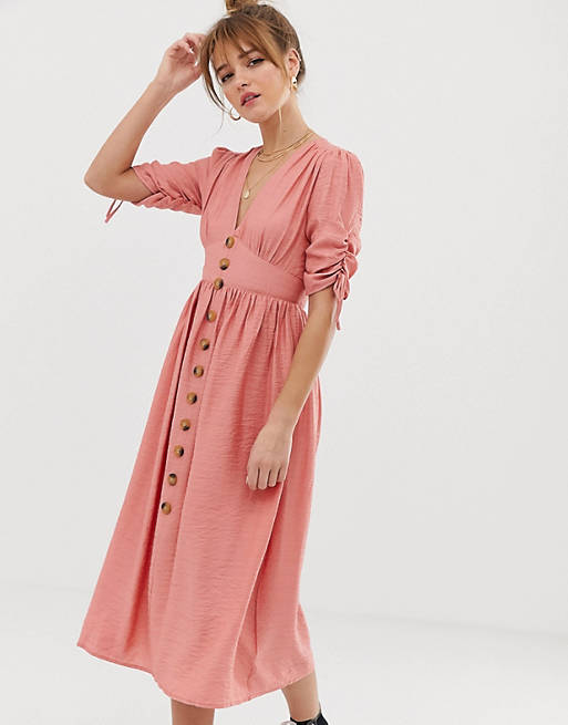 Glamorous button front midi tea dress with full skirt and ruched ...
