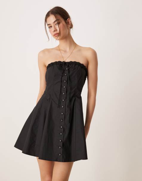 Glamorous button front strapless corset mini dress in black cotton
