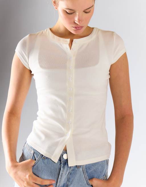 Glamorous Button front tee in white, 2 of 4