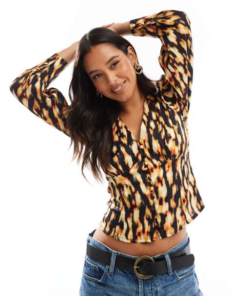 Glamorous Button-front top in digital tie-dye - view 1