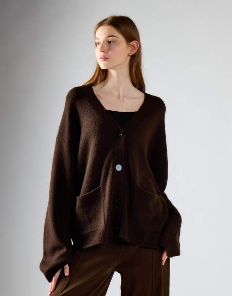 Glamorous Button-front v-neck cardigan in khaki brown - view 1