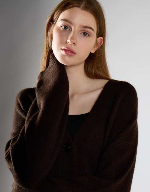 Glamorous Button-front v-neck cardigan in khaki brown, 3 of 4