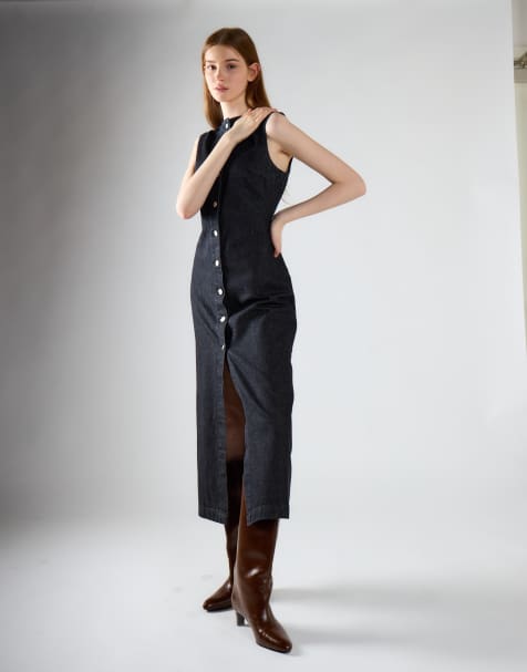 Glamorous Button-through denim maxi dress in black denim - view 1