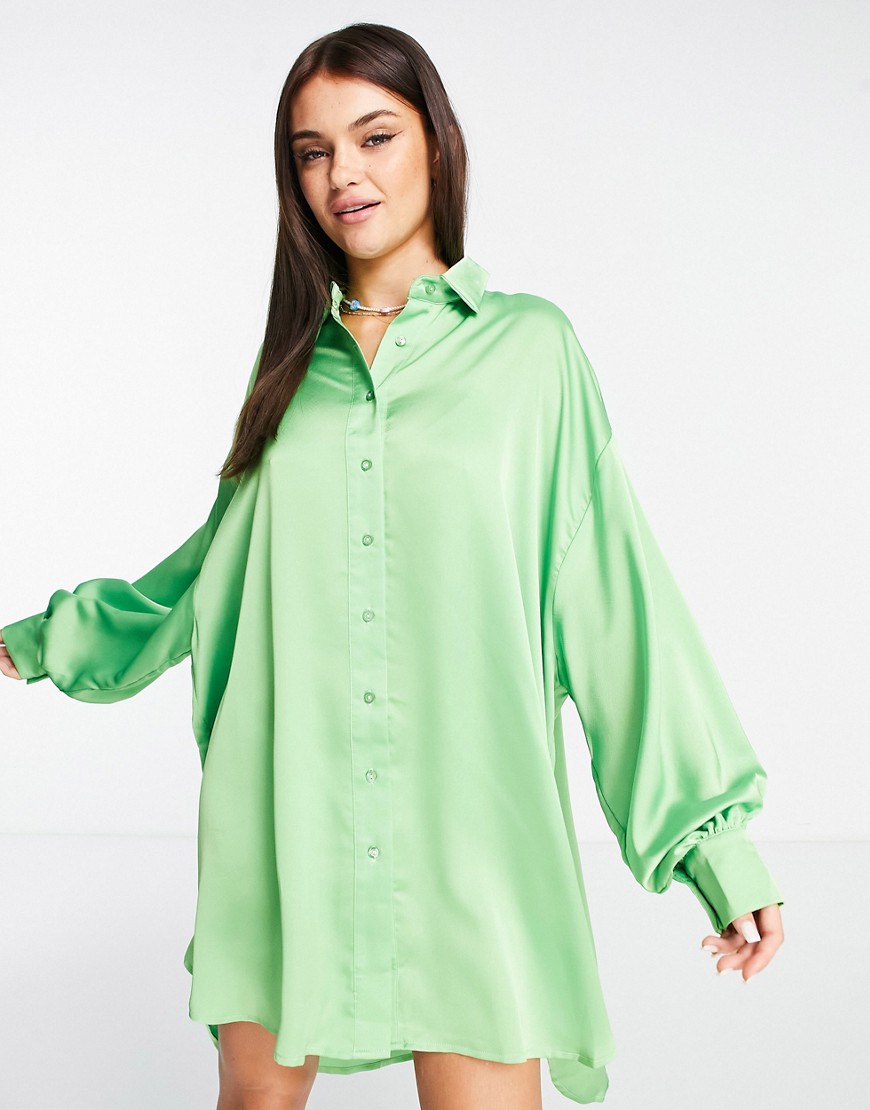Glamorous button through shirt dress in apple green satin-Black