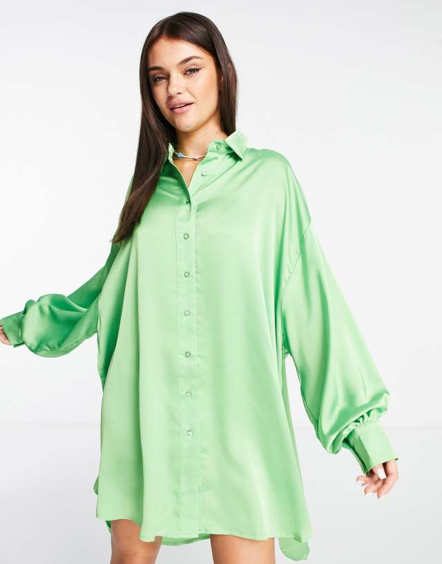 Glamorous - button through shirt dress in apple green satin