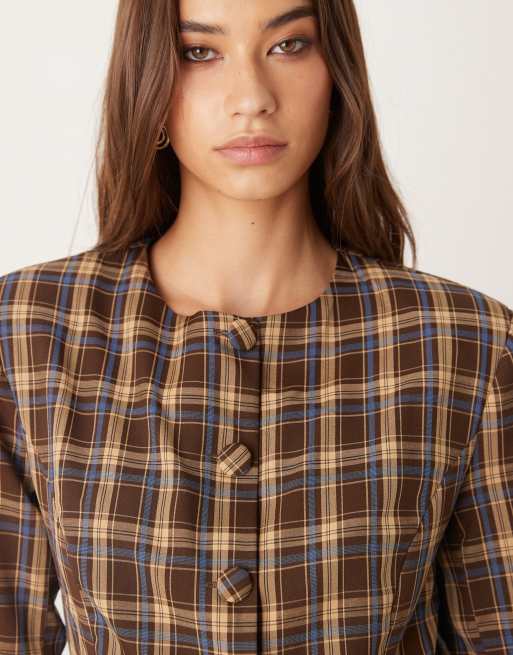 Glamorous button up collarless structured blazer in multi check co-ord, 3 of 4