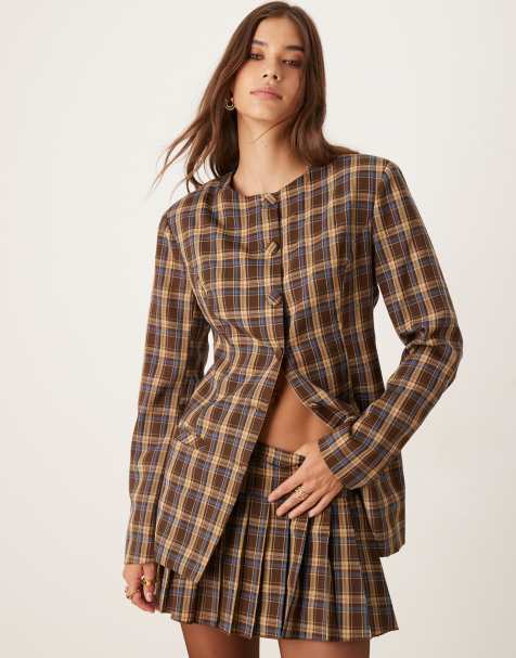 Glamorous button up collarless structured blazer in multi check (part of a set) - view 1