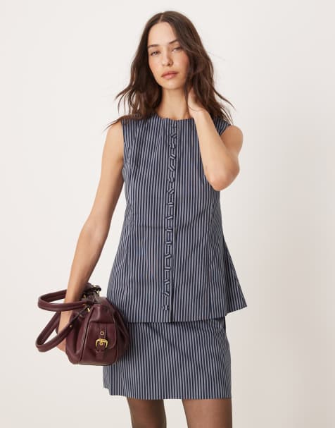 Glamorous button up fitted waistcoat in dark navy stripe co-ord - view 1