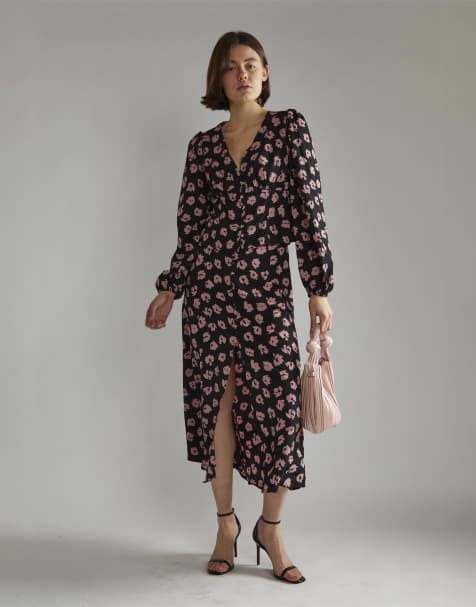 Glamorous Button up midi skirt in black pink splodge - view 1