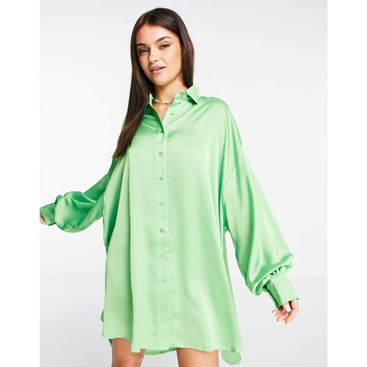 Glamorous button up shirt dress in apple green satin