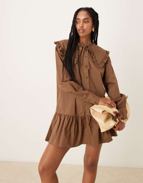 Glamorous button up smock mini dress in brown - view 1
