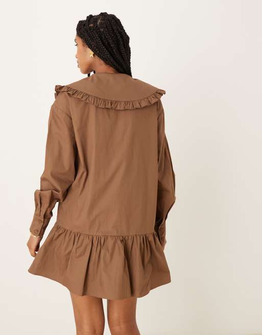 Glamorous button up smock mini dress in brown, 3 of 4