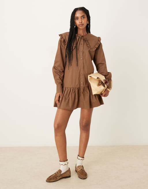 Glamorous button up smock mini dress in brown, 4 of 4