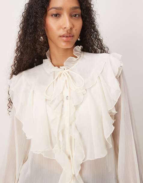 Glamorous Button Up Tie Front Ruffle Blouse in cream - view 1