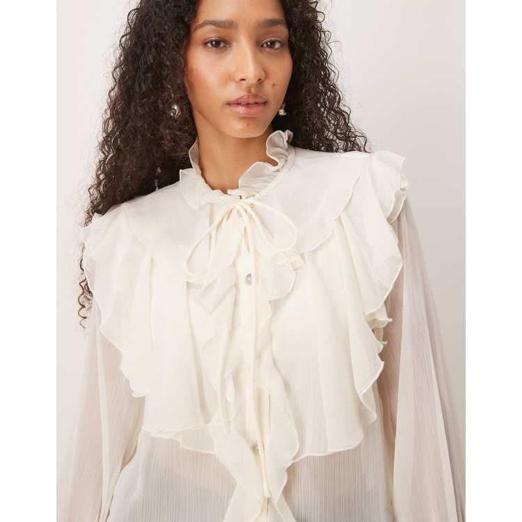 トップス Tie.Me button up frill blouse Glamorous Button Up Tie Front Ruffle Blouse in cream | ASOS
