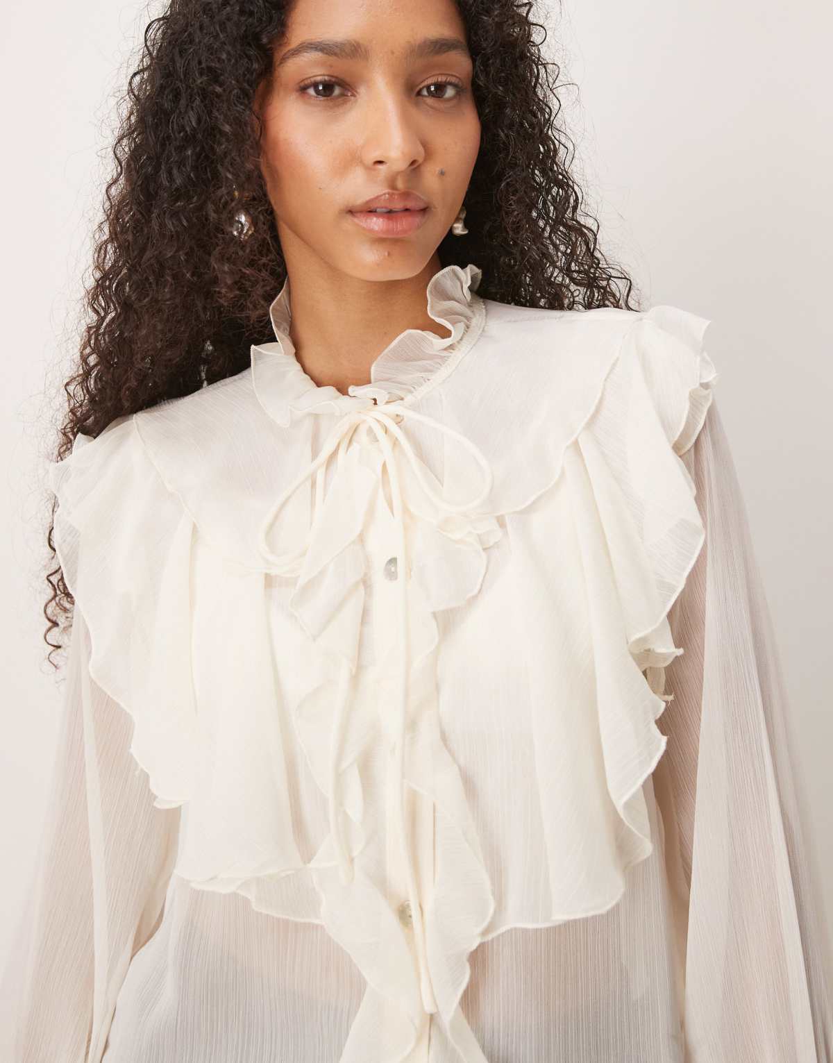 Glamorous Button Up Tie Front Ruffle Blouse in cream