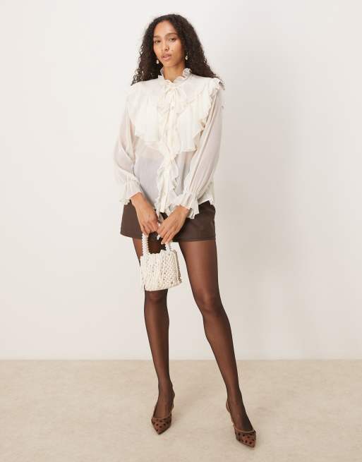 Glamorous Button Up Tie Front Ruffle Blouse in cream | ASOS