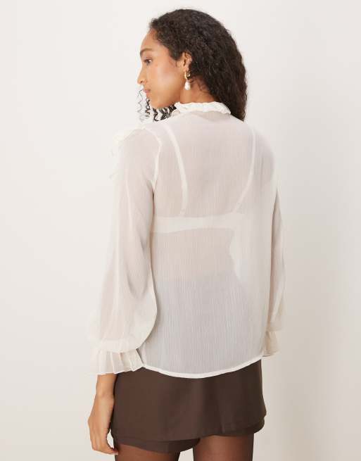 Glamorous Button Up Tie Front Ruffle Blouse in cream | ASOS