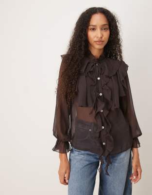 Glamorous Button Up Tie Front Ruffle Blouse In Brown