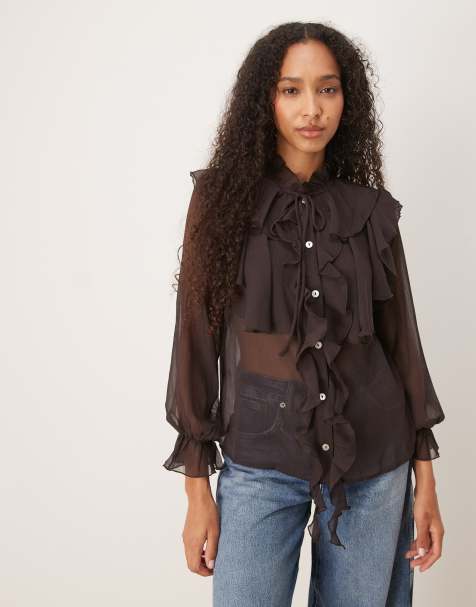 Glamorous Button Up Tie Front Ruffle Blouse in deep brown - view 1