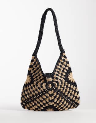 Glamorous - Cabas en paille et raphia - Noir et blanc-Multicolore