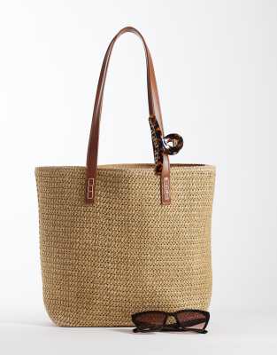 Glamorous - Cabas en raphia - Crème et marron-Brown