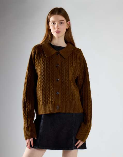Glamorous Cable knit collar cardigan in burnt brown - view 1