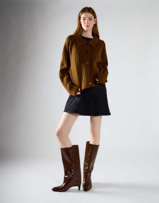 Glamorous Cable knit collar cardigan in burnt brown, 2 of 4