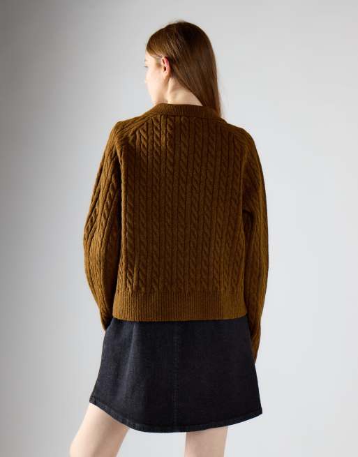 Glamorous Cable knit collar cardigan in burnt brown, 3 of 4