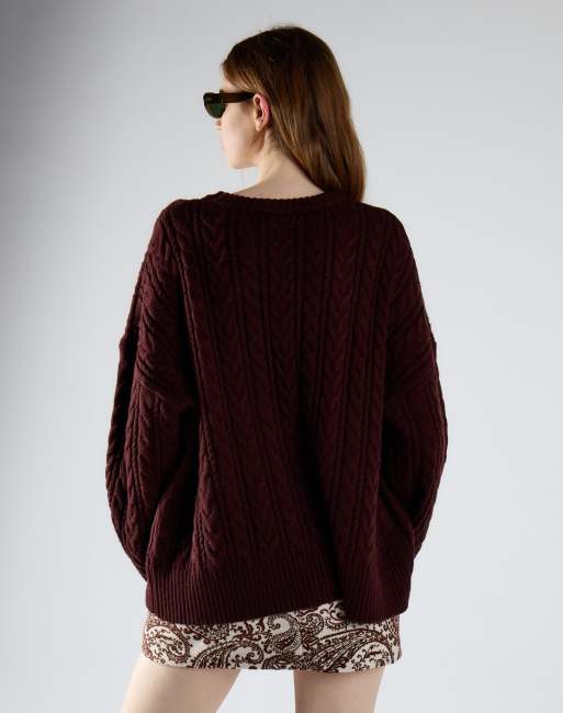 Glamorous Cable knit crew neck jumper in oxblood, 2 of 4