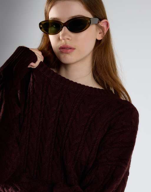 Glamorous Cable knit crew neck jumper in oxblood, 3 of 4