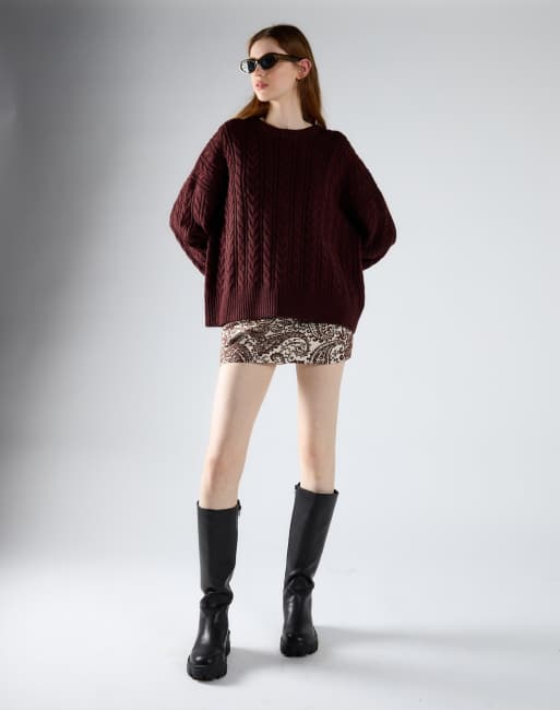 Glamorous Cable knit crew neck jumper in oxblood, 4 of 4