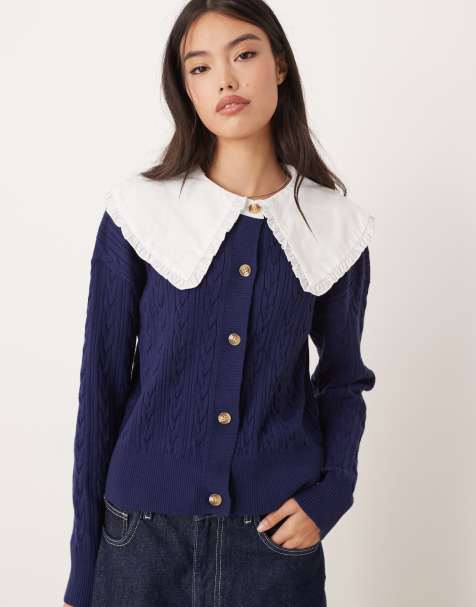 Glamorous cable knit dramatic collar cardigan in navy - view 1