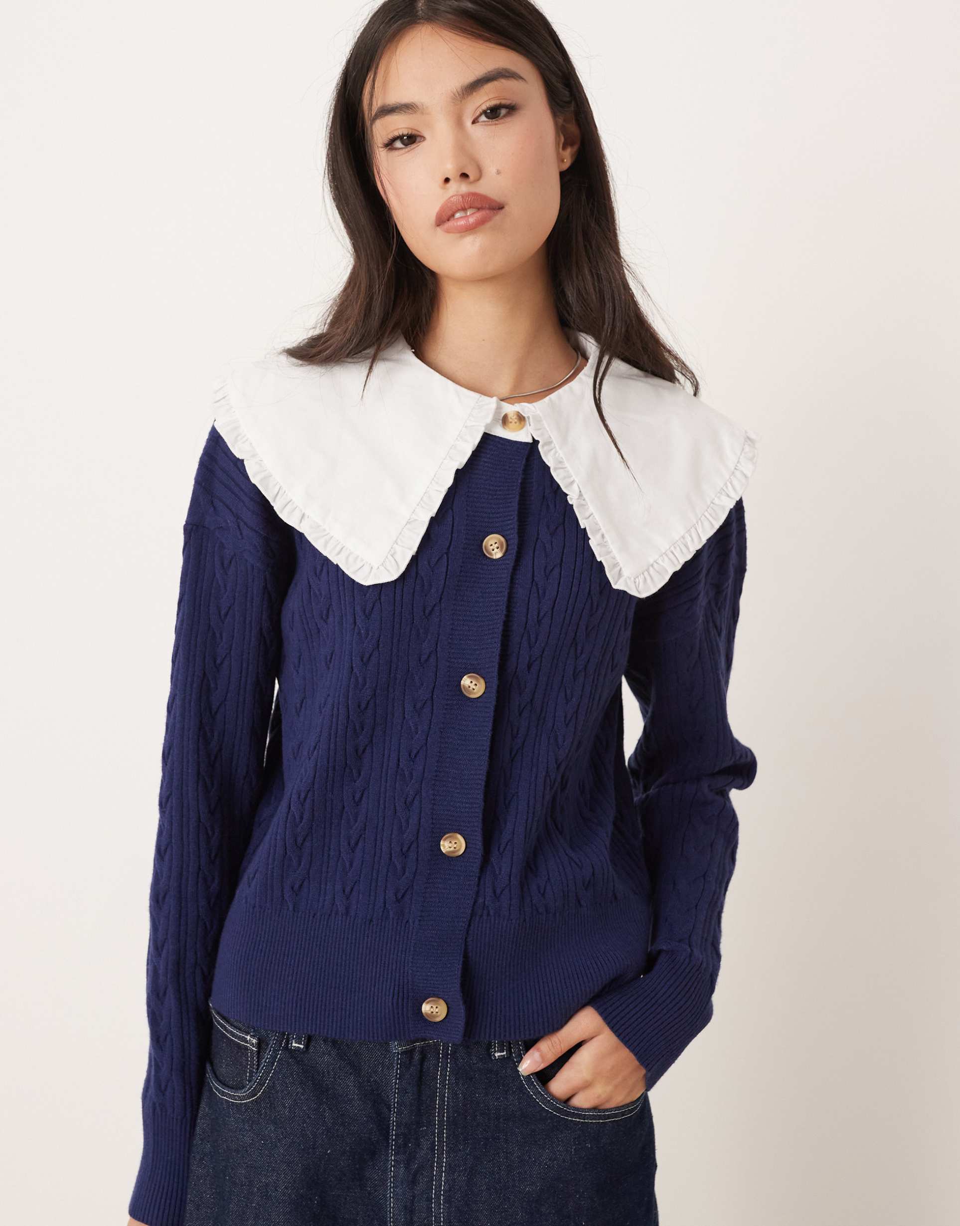 glamorous cable knit dramatic collar cardigan in navy