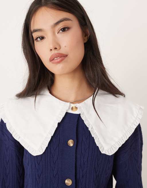 Glamorous cable knit dramatic collar cardigan in navy, 4 of 4