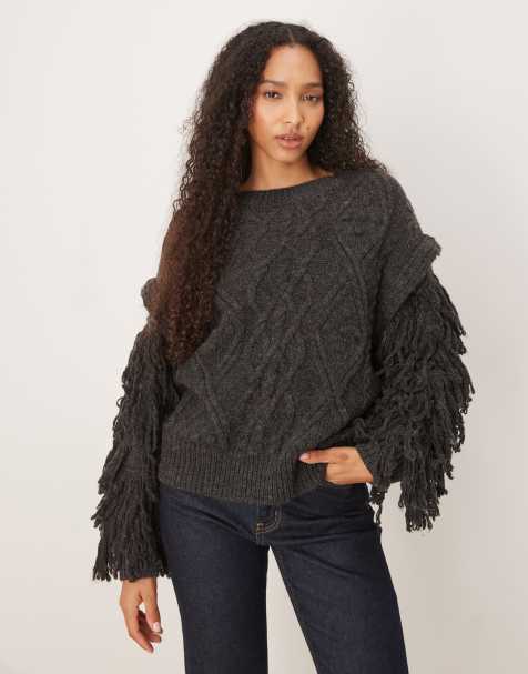 Glamorous Cable knit fringed sleeve jumper in charcoal