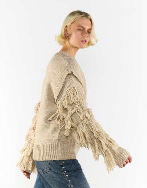 Glamorous Cable knit fringed sleeve jumper in ecru marl