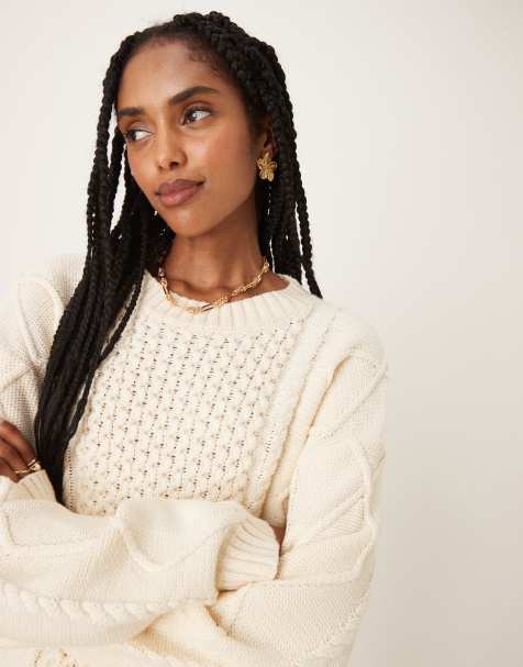 Glamorous cable knit oversized sweater in off white - view 1