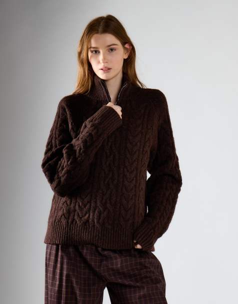 Glamorous Cable-knit quarter-zip jumper in dark brown marl - view 1